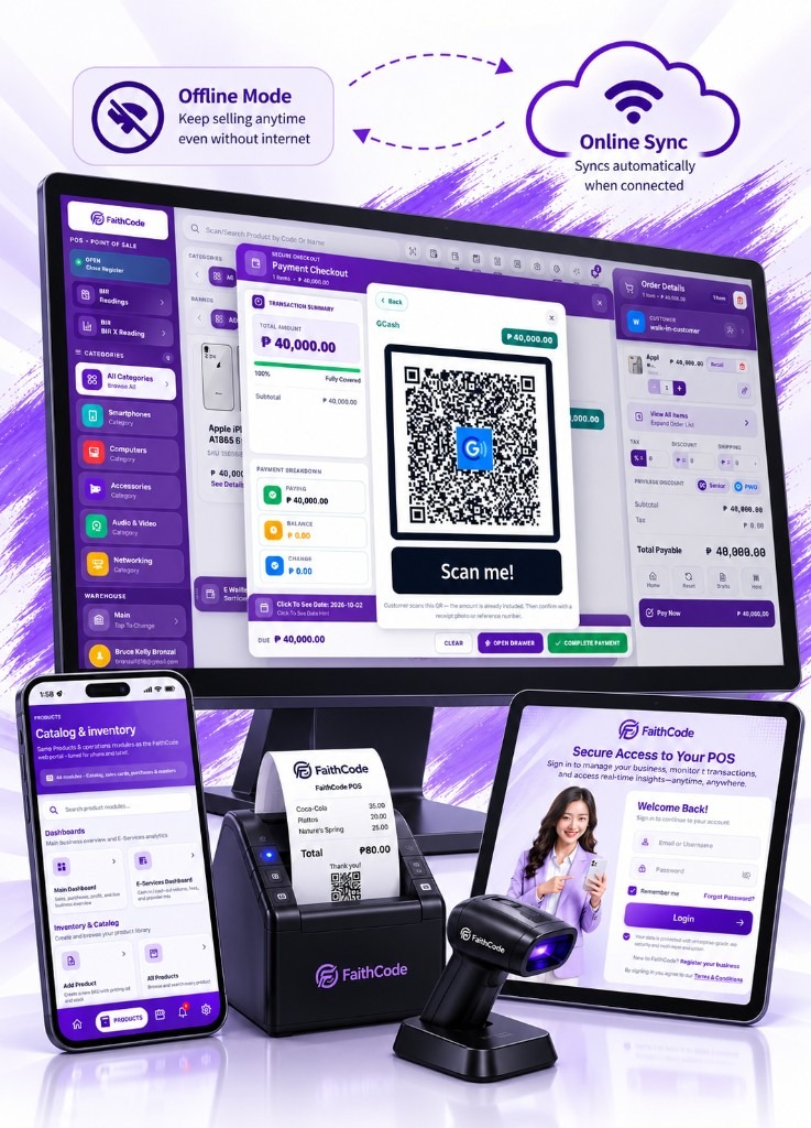 FaithCode POS ecosystem — GCash checkout, phone, tablet, receipt printer, and barcode scanner