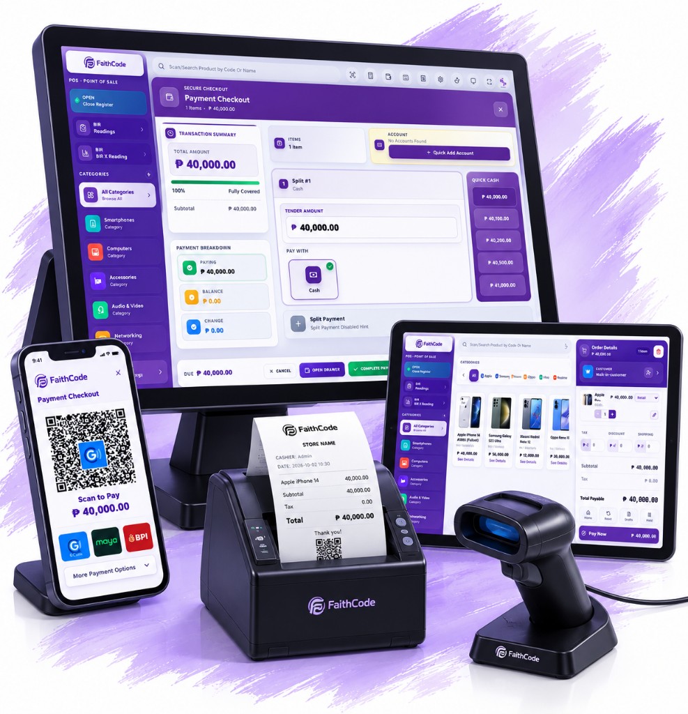 FaithCode POS checkout on monitor, phone, tablet, printer, and scanner