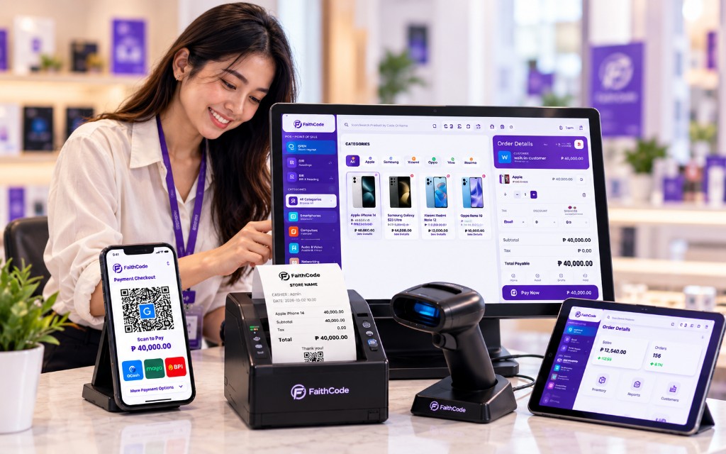 FaithCode POS checkout with monitor, phone, printer, scanner, and tablet