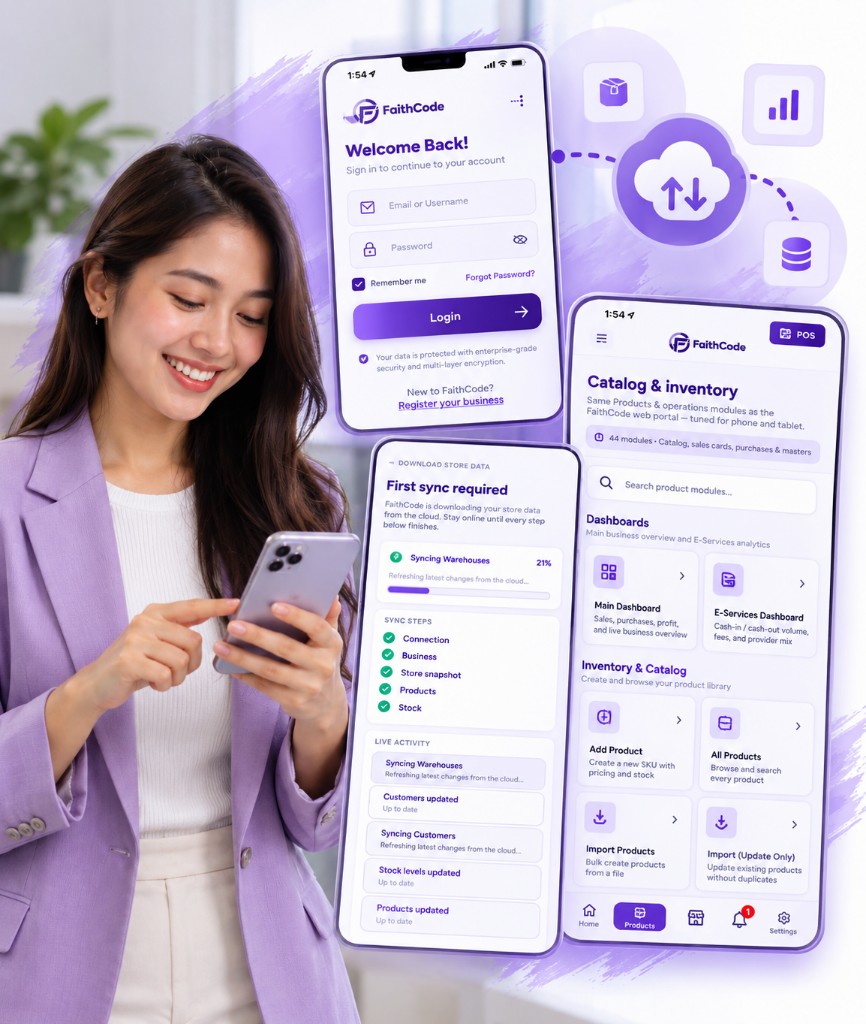 FaithCode mobile app — login, catalog, and cloud sync